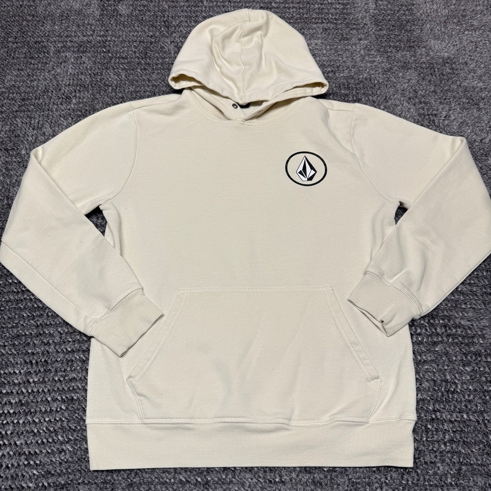 Volcom Mens‎ Hoodie Pullover Sweatshirt Size S Cream Graphic Logo Long Sleeve